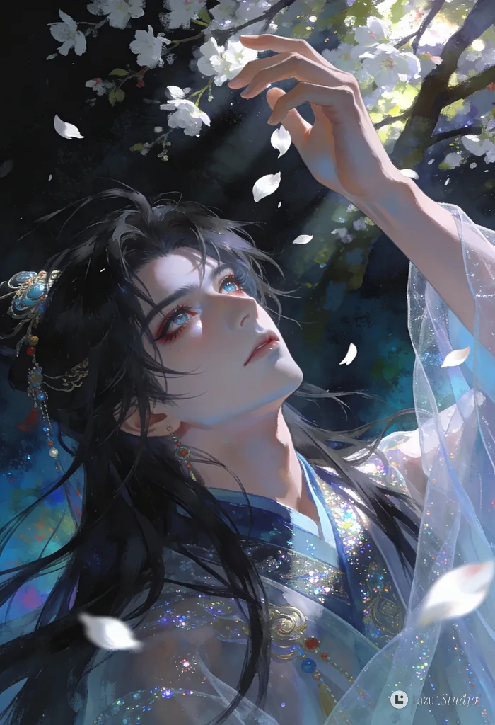 A pale, long-haired youth in flowing clothes reaching for falling white petals in dappled sunlight.