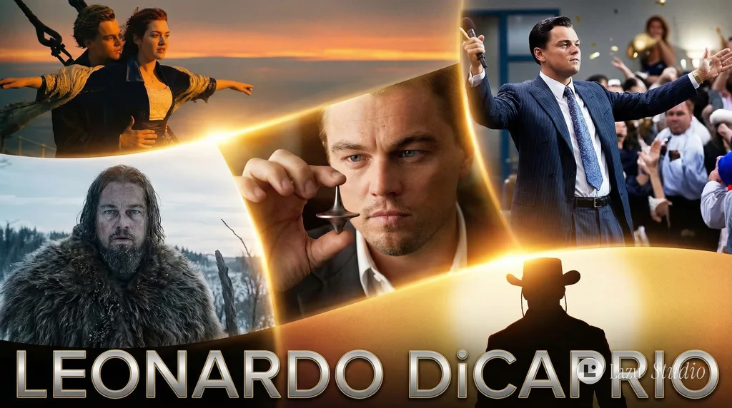 Cinematic poster collage featuring iconic movie moments from Leonardo DiCaprio's acting career.