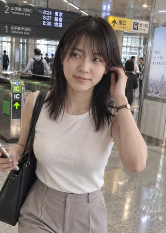 Candid view of a young working woman walking near train station ticket gates.