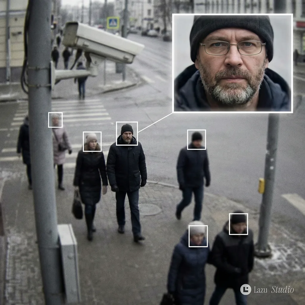 Overhead security camera footage with face detection bounding boxes and an enlarged portrait.