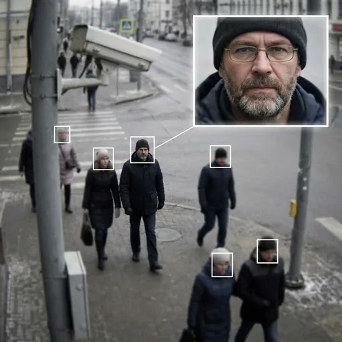 Overhead security camera footage with face detection bounding boxes and an enlarged portrait.