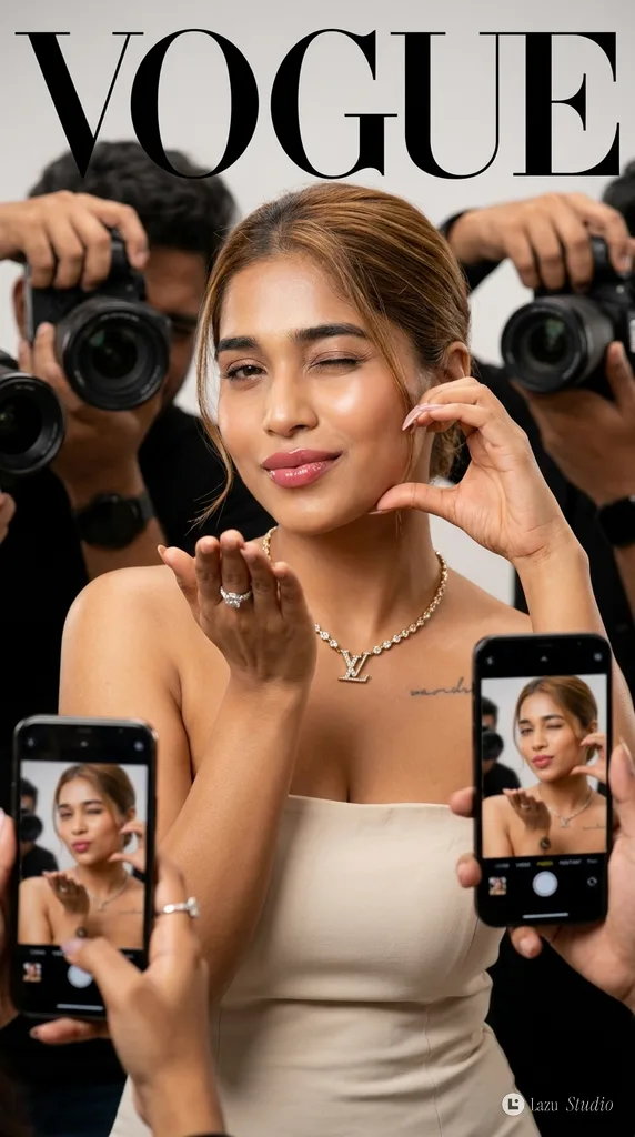 A glamorous woman in a strapless gown winking and blowing a kiss amidst surrounding cameras and phone screens.