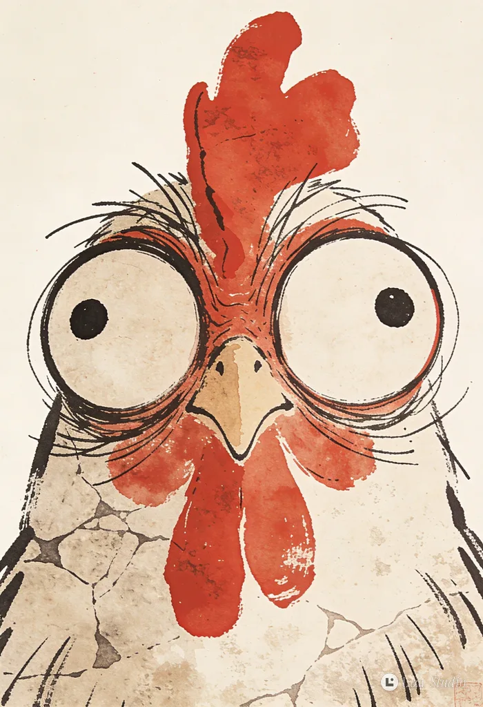 A quirky wide-eyed chicken doodle in a red and off-white duotone linocut print style.
