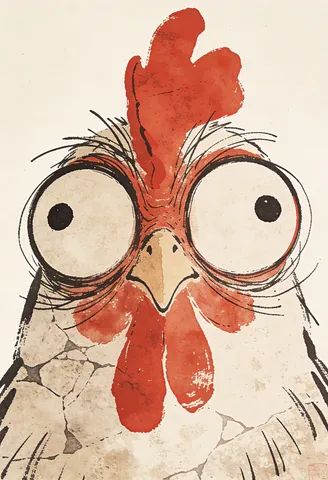 A quirky wide-eyed chicken doodle in a red and off-white duotone linocut print style.