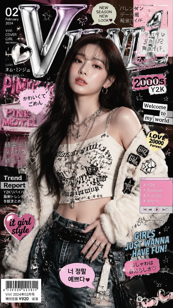 Editorial fashion collage of a young Asian woman surrounded by Y2K stickers, typography, and magazine graphics.