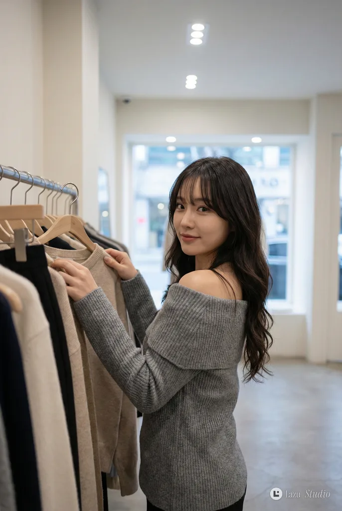 Young woman smiling softly while browsing sweaters on a wooden hanger in a minimalist store.