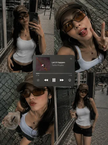 Photo collage of a young Asian woman taking mirror selfies in a white tank top and vintage cap.