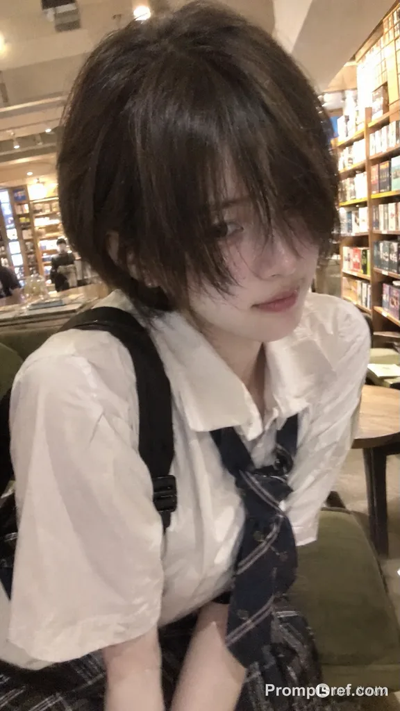 書店の本棚の前で撮影された、ショートヘアのボーイッシュな女性の粒子感あるスナップ特写。