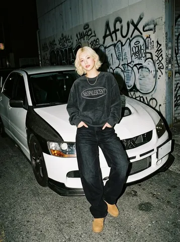 A woman in an oversized sweatshirt leaning on a white sports car against a graffiti wall at night.
