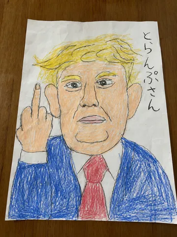 Childlike crayon sketch of Donald Trump showing a rude middle finger gesture on wrinkled paper.