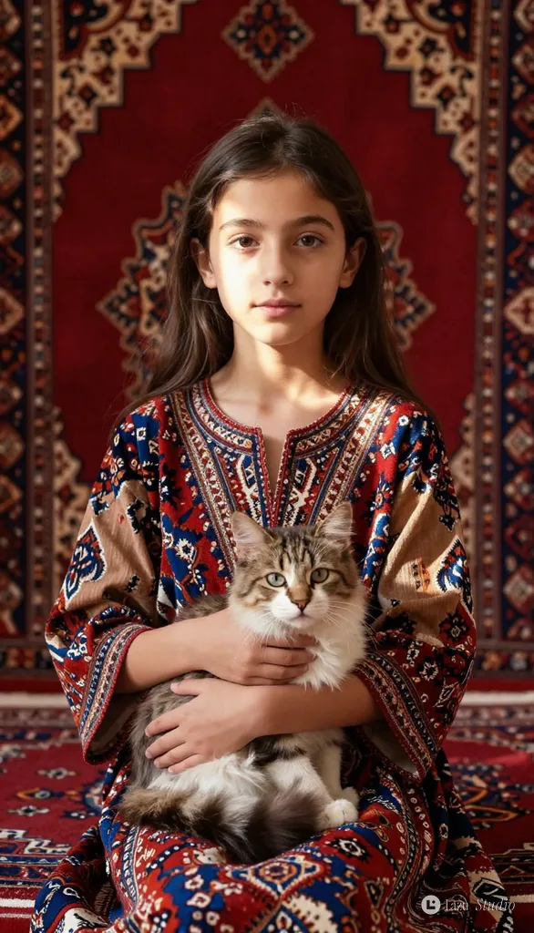 豪華な赤いペルシャ絨毯を背に、白いペルシャ猫を抱える少女のポートレート。