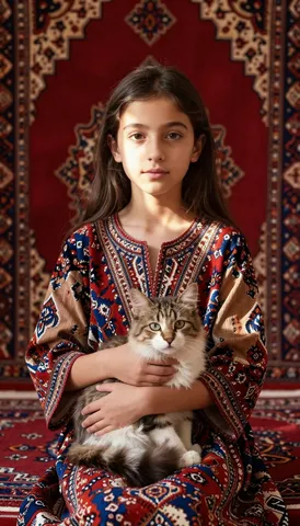 Young girl holding a white Persian cat against a rich red Persian rug background.