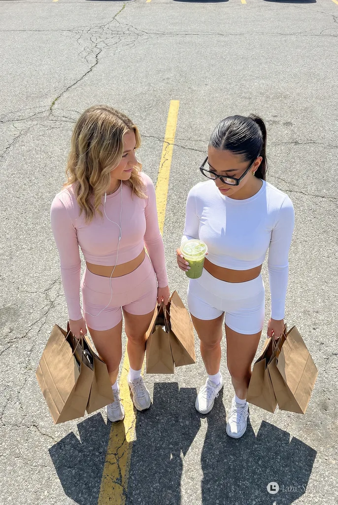Two fashionable women standing on a street holding kraft paper shopping bags.