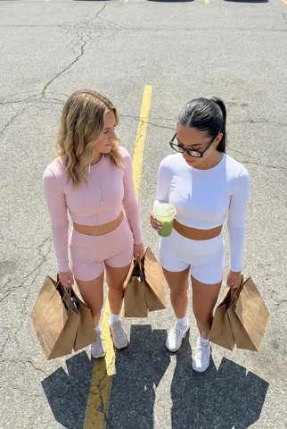 Two fashionable women standing on a street holding kraft paper shopping bags.