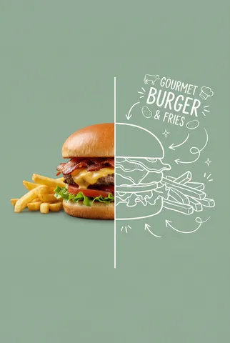 Culinary poster split in half showing real food photography on the left and a matching line drawing on the right.