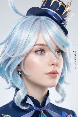 Close-up beauty portrait of Furina with distinct two-toned eyes and soft pastel hair.