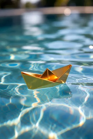 A small shiny gold origami boat floating on clear rippling swimming pool water under sunlight.