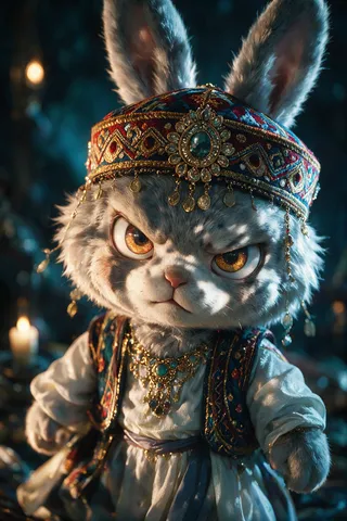 Close-up portrait of an anthropomorphic rabbit in ornate folk attire with intense lighting.
