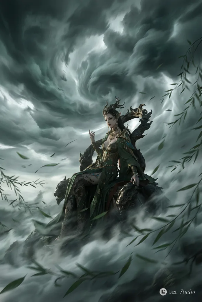 Dramatic fantasy landscape engulfed in deep ink-green mist, swirling clouds, and flying willow leaves.