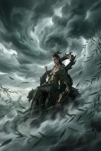 Dramatic fantasy landscape engulfed in deep ink-green mist, swirling clouds, and flying willow leaves.