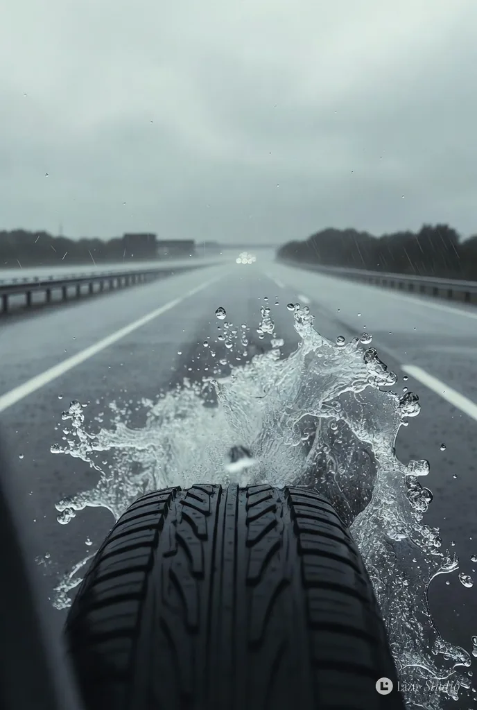 雨の高速道路で水しぶきを上げながら走る自動車のタイヤのクローズアップ。