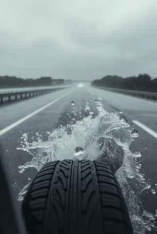 Close-up of a car tire splashing water on a wet highway during rain.