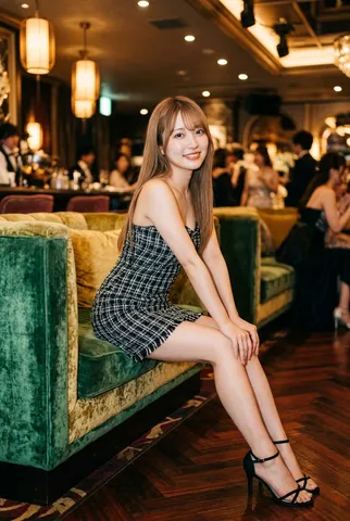 Young Japanese woman in a black and white tweed strapless mini dress seated on a luxury club sofa.