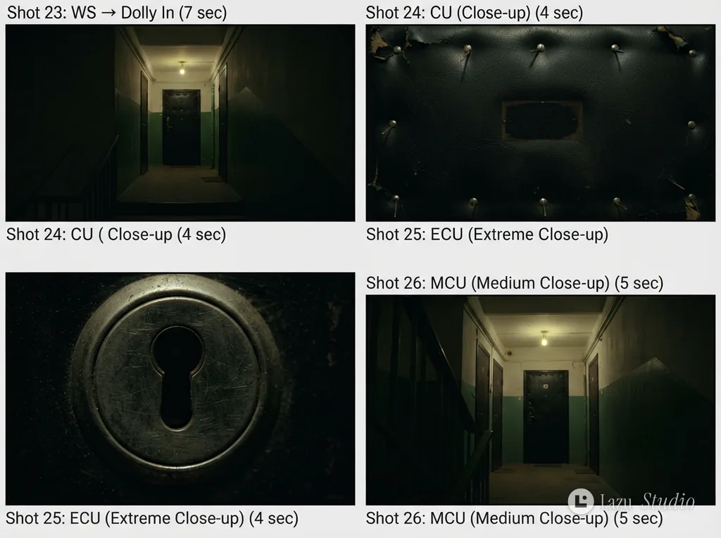 Storyboard panels illustrating a slow dolly shot toward a plain door without a number in an apartment corridor.