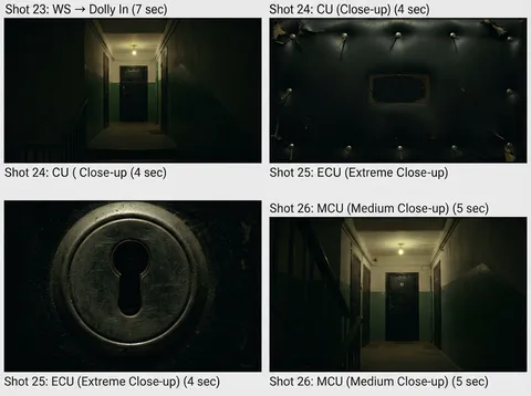 Storyboard panels illustrating a slow dolly shot toward a plain door without a number in an apartment corridor.