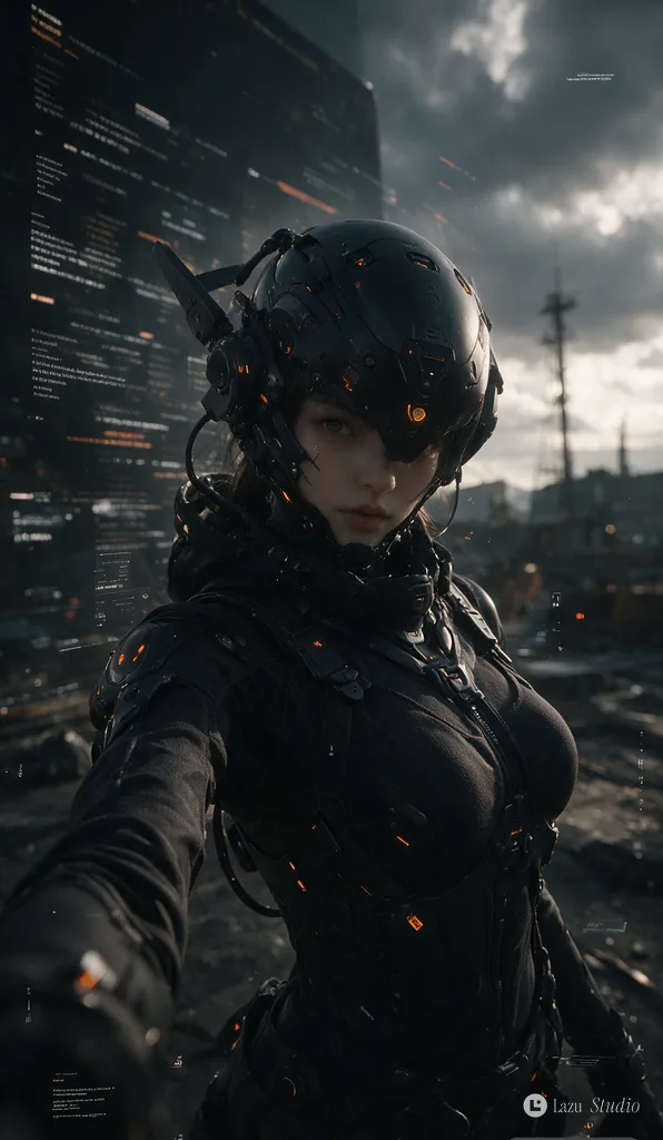 Cyborg woman in a matte black helmet and wearable gear with glowing orange accents in a dim wasteland.