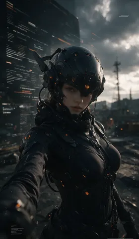 Cyborg woman in a matte black helmet and wearable gear with glowing orange accents in a dim wasteland.