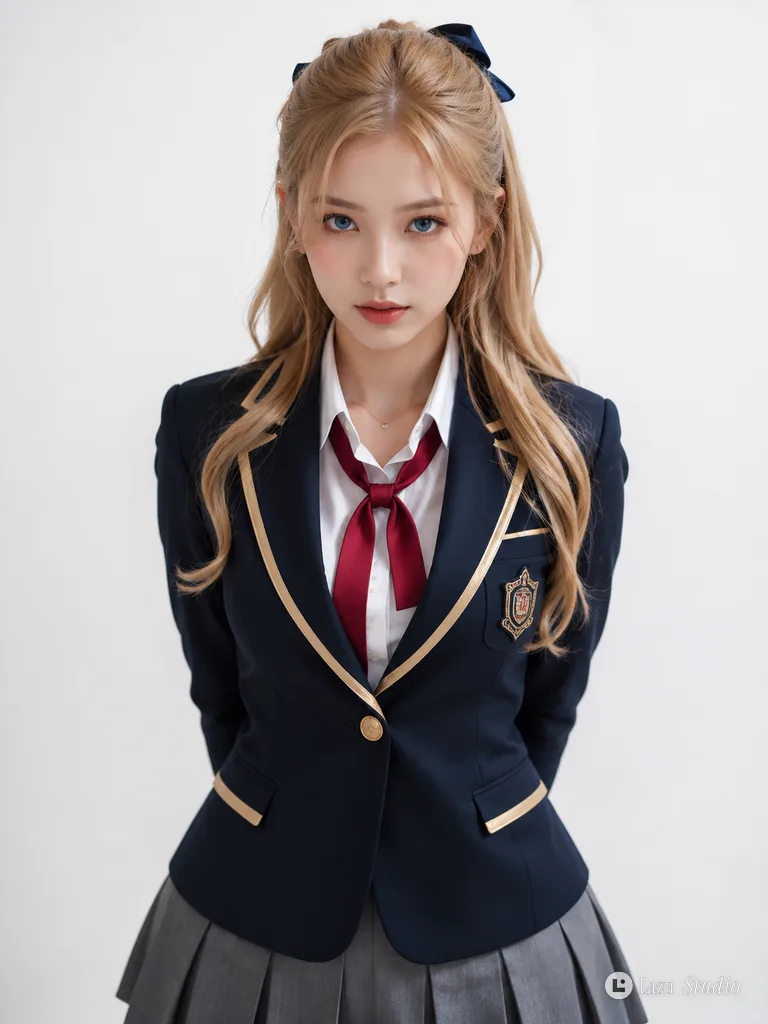 Studio portrait of a blonde woman in a navy academy blazer and red ribbon tie.