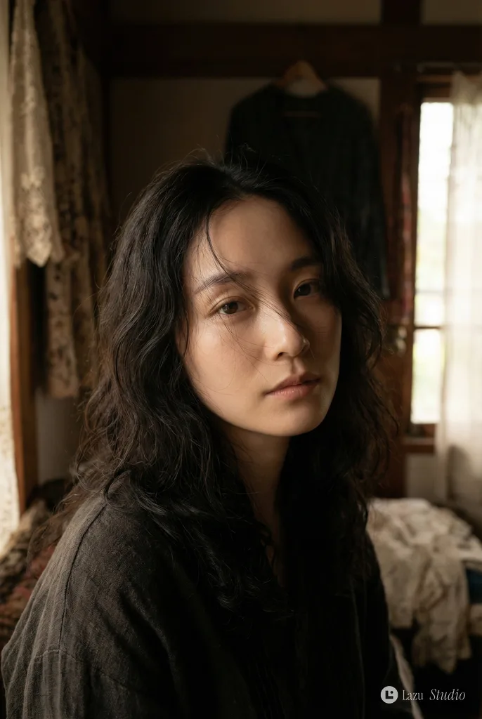 Tight close-up shot of a serene, beautiful face with soft dark hair in radiant light.