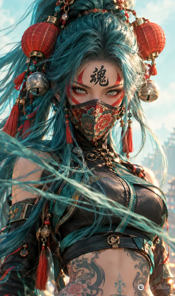 Close-up portrait of a fierce warrior with long teal hair, red lantern hair ornaments, and an embroidered mask.
