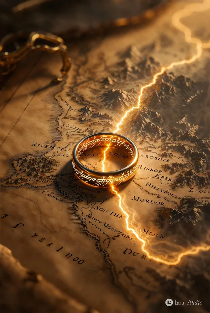 A golden ring resting on an antique fantasy map with a glowing route leading to Mordor.