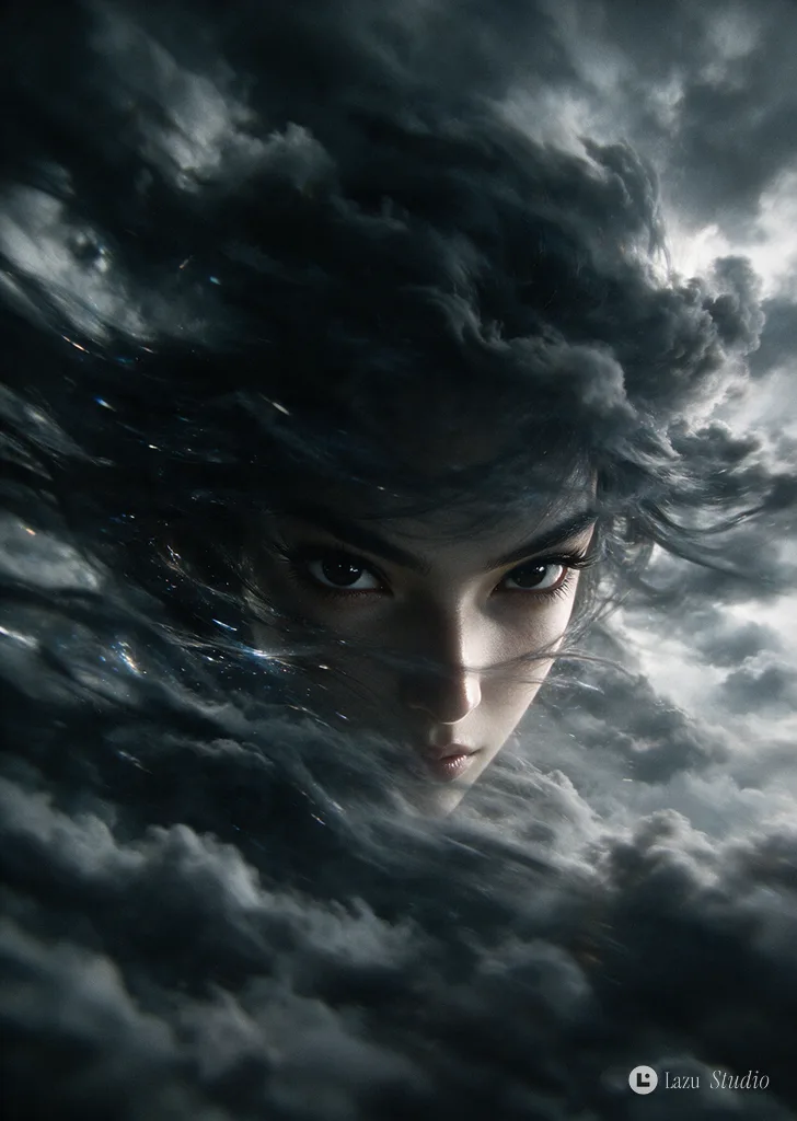 Abstract close-up portrait of an ethereal goddess emerging from dark, dynamic stormy clouds.