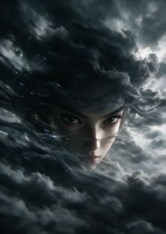 Abstract close-up portrait of an ethereal goddess emerging from dark, dynamic stormy clouds.