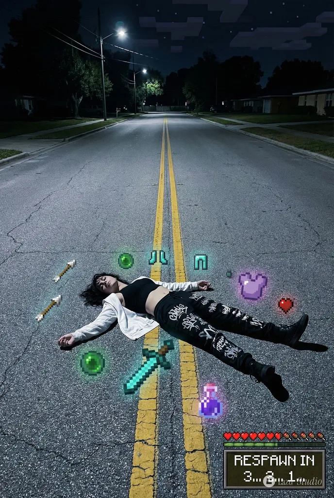 A person lying on night asphalt road surrounded by glowing pixelated game items.
