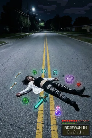 A person lying on night asphalt road surrounded by glowing pixelated game items.