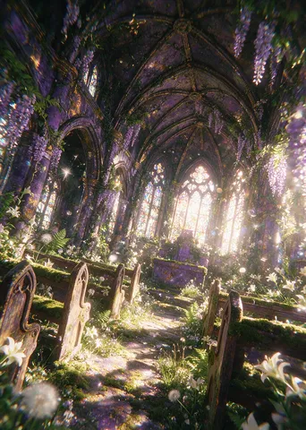 Abandoned Gothic chapel interior overgrown with purple and white flowers under bright stained glass light.