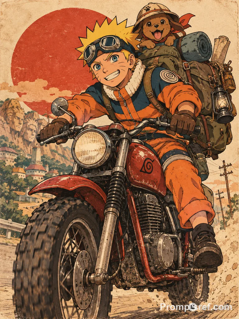 Naruto riding a red scrambler motorcycle with an adventure backpack and a small dog on top.