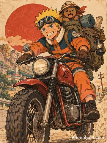 Naruto riding a red scrambler motorcycle with an adventure backpack and a small dog on top.