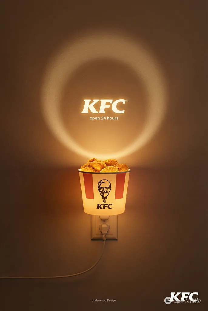 KFC bucket plugged into a wall outlet like a nightlight, casting warm amber light.