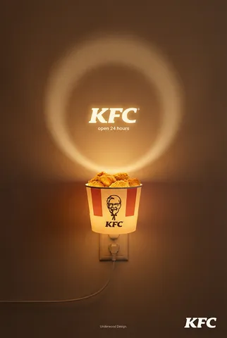 KFC bucket plugged into a wall outlet like a nightlight, casting warm amber light.