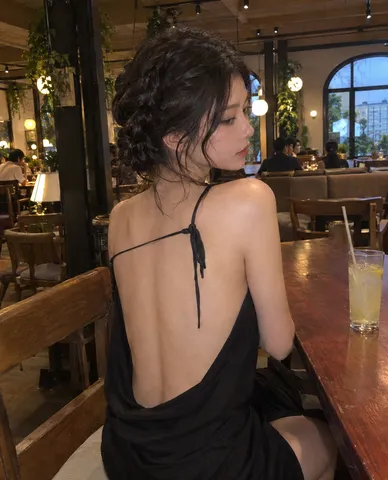 Rear view of a young woman with a long braid looking back over her shoulder in a warm restaurant.