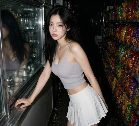 Young woman in a crop top and pleated skirt standing in a convenience store illuminated by on-camera flash.