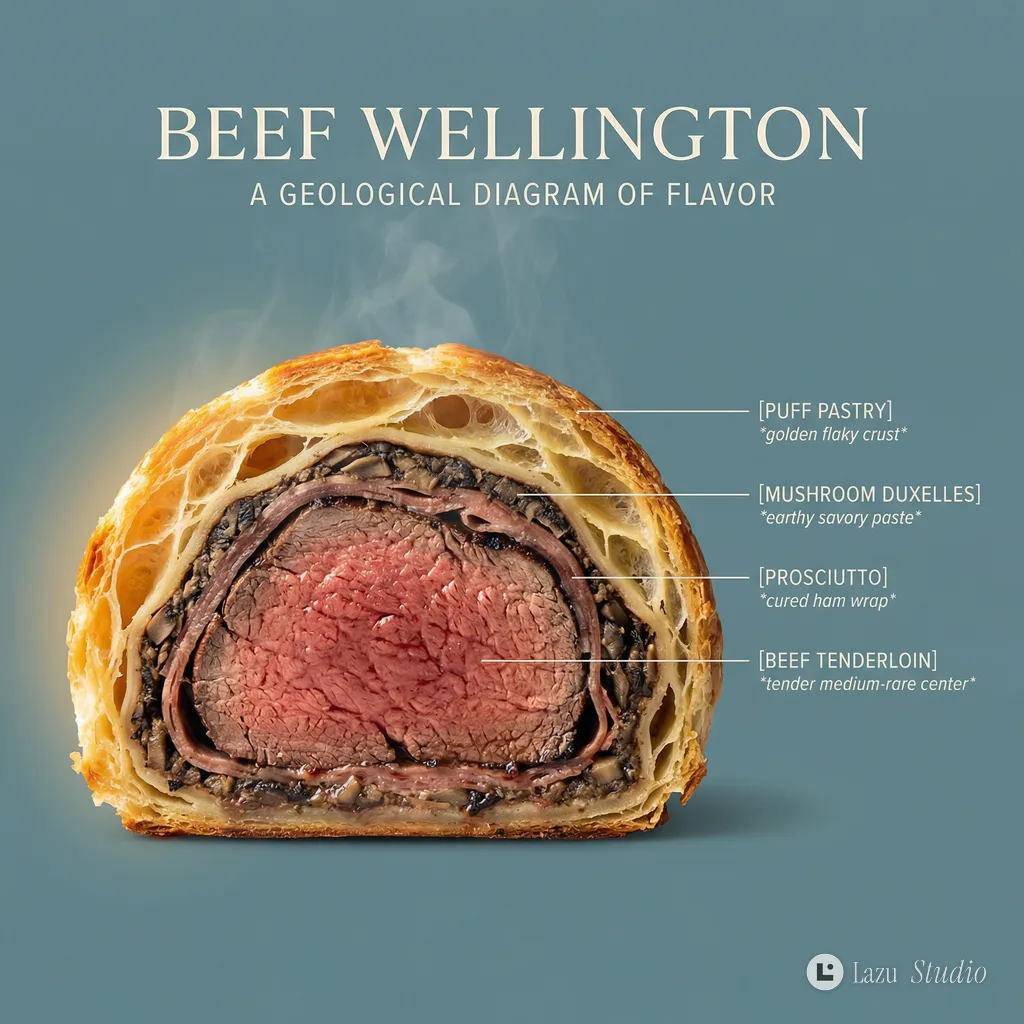Cross-section view of a dish showing internal layers with infographic text labels.