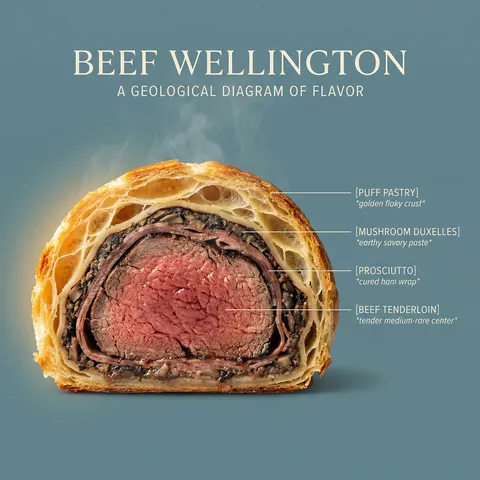 Cross-section view of a dish showing internal layers with infographic text labels.