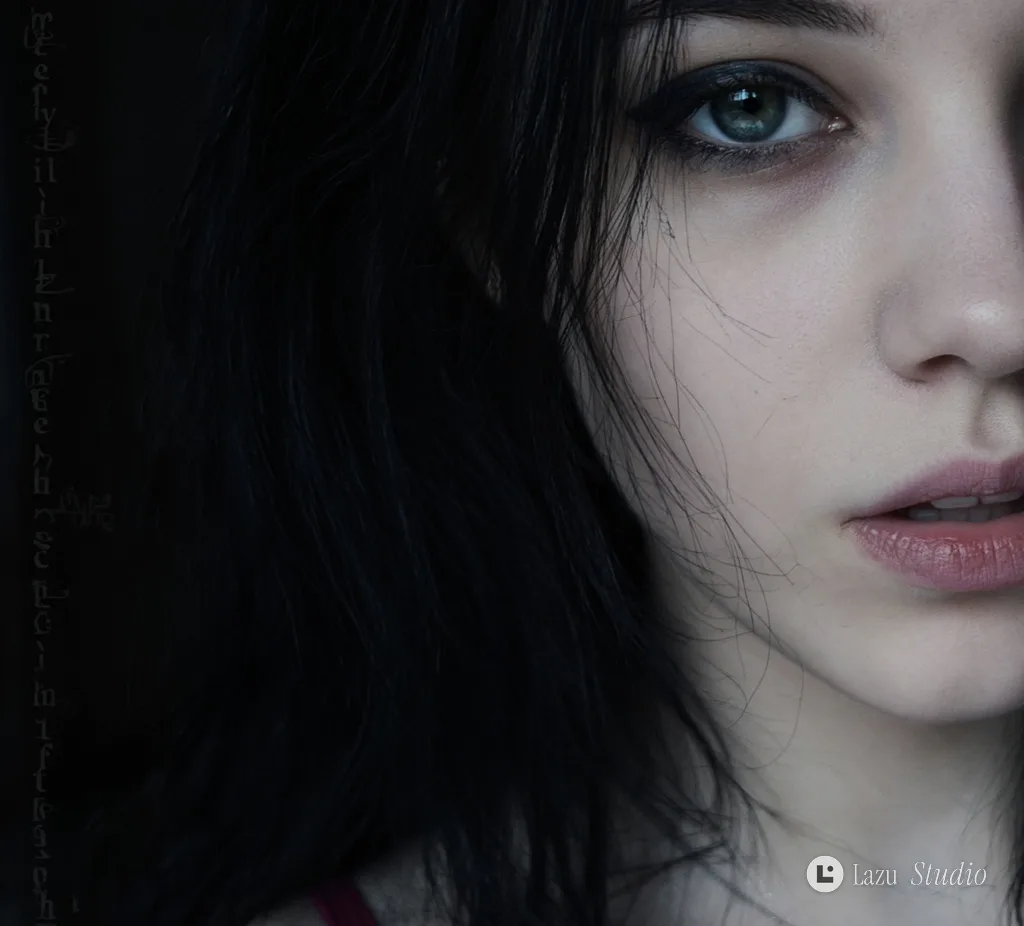 Close-up portrait of a woman's face, highlighting one bright blue-green eye amidst deep dark shadows.