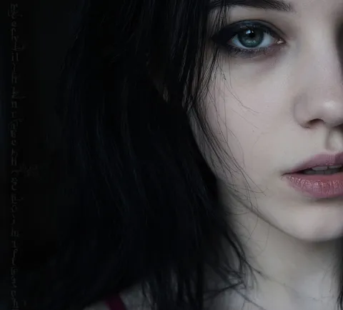 Close-up portrait of a woman's face, highlighting one bright blue-green eye amidst deep dark shadows.